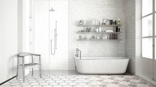 未完成的项目的斯堪的纳维亚经典复古浴室，ske