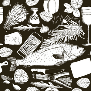 鱼与葡萄酒的手绘风格的插图