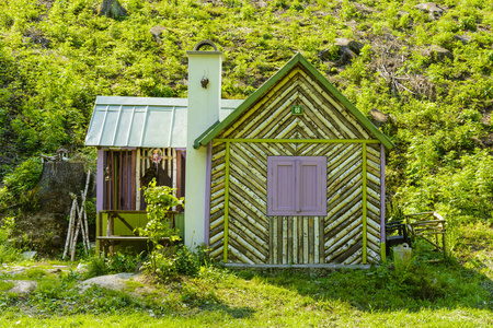 在树林里山下的木制小屋