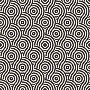 向量与圆和直线组成的无缝几何图案。现代时尚圆形的条纹纹理。重复抽象背景
