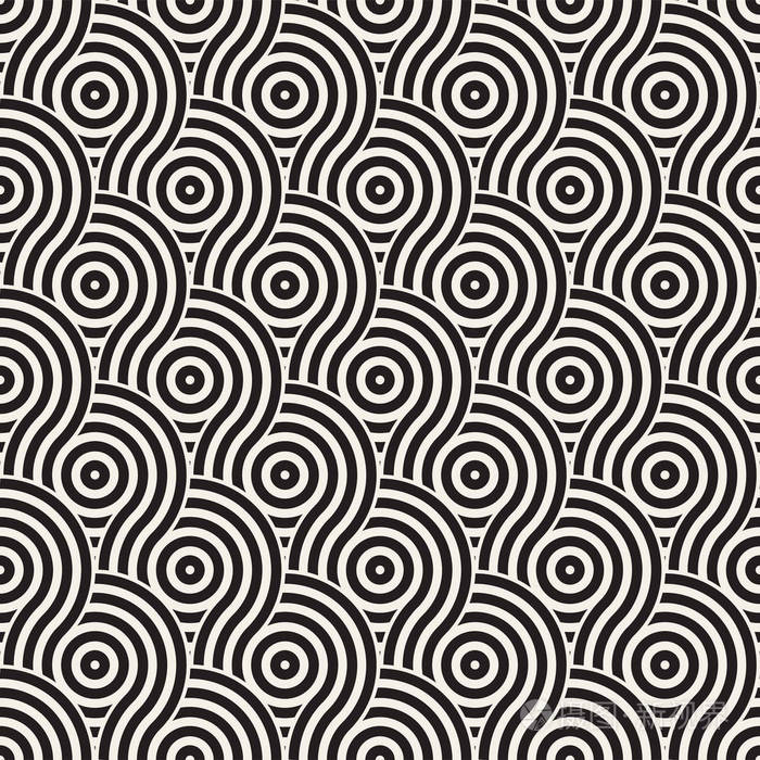 向量与圆和直线组成的无缝几何图案.现代时尚圆形的条纹纹理.