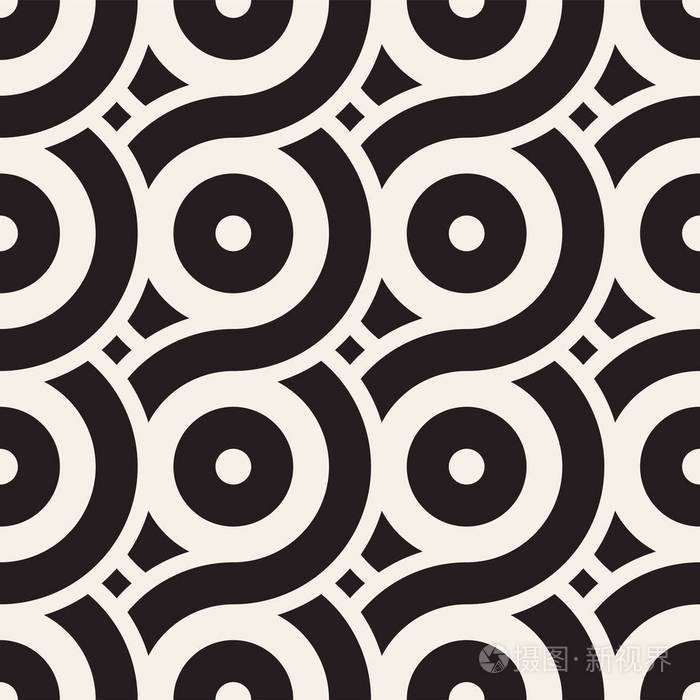 向量与圆和直线组成的无缝几何图案.现代时尚圆形的条纹纹理.