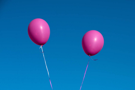 两个粉红色的气球飞上蓝天背景，副本空间