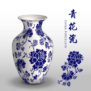 海军蓝色中国瓷花瓶植物园花叶图片