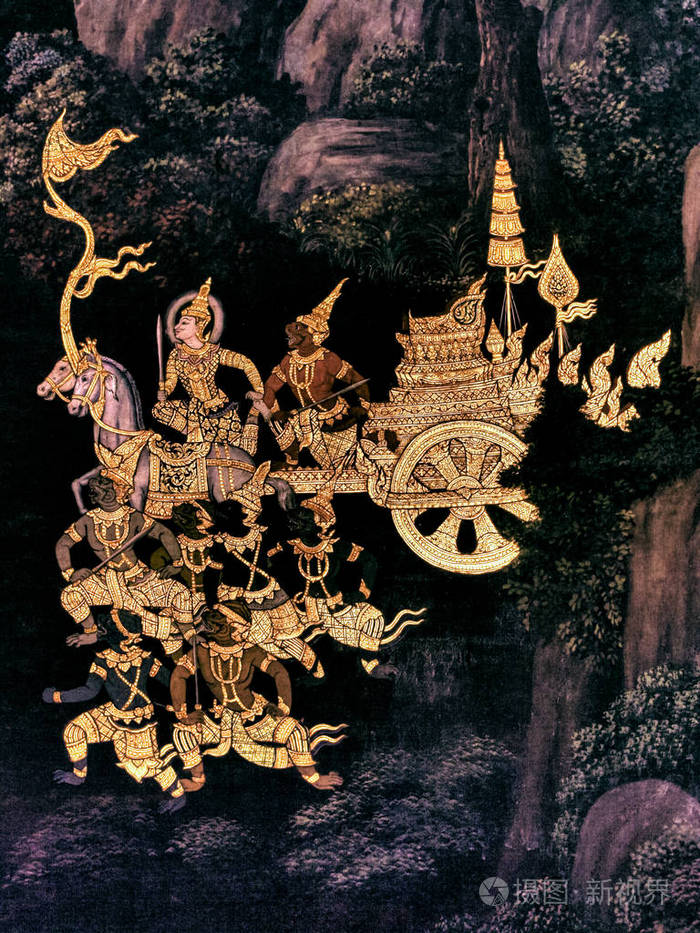 场景从ramakien泰国罗摩衍那传统壁画在玉佛寺国王宫殿在曼谷泰国的