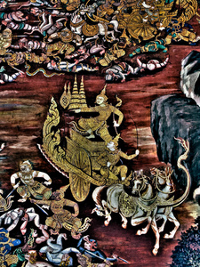 场景从 Ramakien 泰国罗摩衍那，传统壁画在玉佛寺国王宫殿在曼谷，泰国的杰作