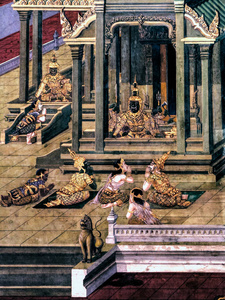 场景从 Ramakien 泰国罗摩衍那，传统壁画在玉佛寺国王宫殿在曼谷，泰国的杰作