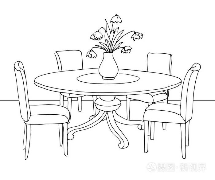 餐厅里的一部分一轮桌子和椅子上表的花瓶里的花手的素描画矢量图