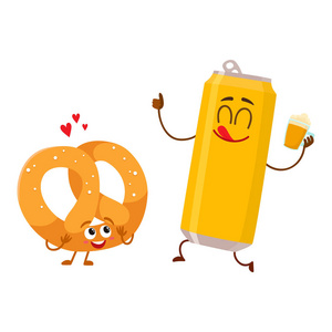 铝啤酒罐和椒盐卷饼字符在一起开心快乐卡通字符快乐的鬼魂与板可爱和
