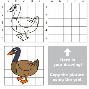 利用网格线复制图片，简单的学前儿童教育教育游戏，轻松游戏水平，儿童绘画游戏与野生美丽的鸭子。
