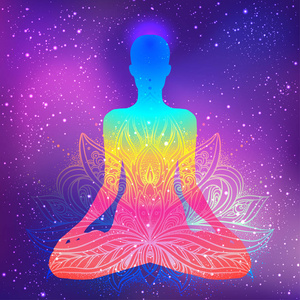艺术快乐佛 purnima 横幅与坐佛在曼荼罗与字母在紫色背景坐佛剪影