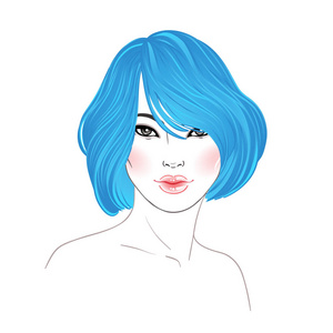 时尚插画.发型,染成了蓝色的头发.h插画