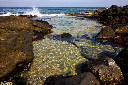 泡沫海岸线在兰萨罗特西班牙池塘麝香和夏天