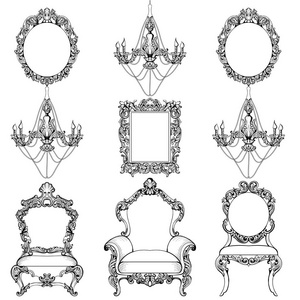 富巴洛克洛可可式家具和框架集。法国奢侈品雕刻的装饰吊灯配件。矢量的维多利亚精致风格装饰框架
