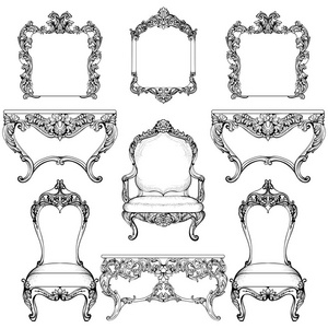 富巴洛克洛可可式家具和框架集。法国奢侈品雕刻的装饰。矢量的维多利亚精致风格装饰框架