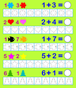 加上儿童的数学工作表。需要绘制相应数量的对象中指定的颜色和解决实例