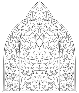 着色的黑与白页。绘图的美丽的哥特式窗户，加上彩色玻璃在中世纪风格的幻想。用于儿童和成人的工作表