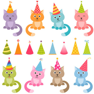 一套猫和颜色鲜艳的生日帽子