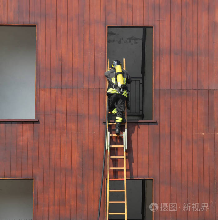 在木梯上的消防队员在火灾 s 进入该窗口