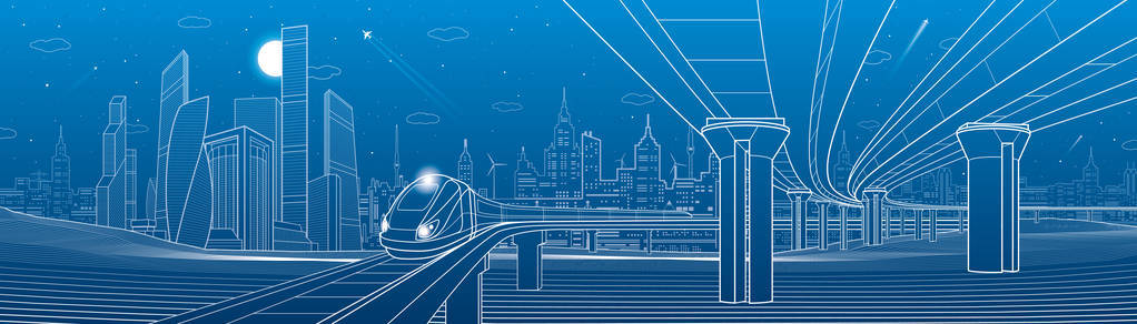 火车.塔和摩天大楼.城市的场景,背景,工业建筑的现代化城市.