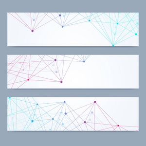 现代向量横幅的科学设置。Dna 分子的结构与连接的线和点。科学向量背景。医疗 技术，化学设计