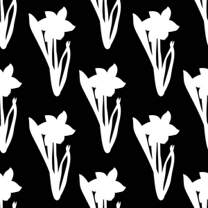 无缝模式。与白色水仙草花孤立在黑色背景上的相同大小。矢量图