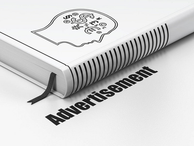 营销理念 本书头与财务符号，在白色背景上做广告