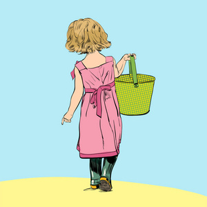 穿着长裙子的小女孩。小女孩用玩具桶