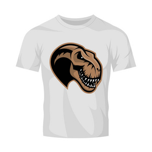 白色 t 恤样机上孤立的恐龙头体育俱乐部矢量标志概念