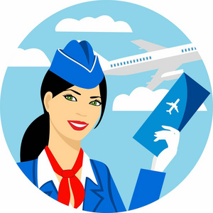插图的空姐身着蓝色制服与一张票在手，背景下的天空和飞行的飞机。圆形的框架