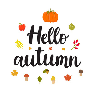 你好秋天。与蘑菇 苹果 叶子 南瓜和手写文本的美丽海报。有趣的矢量背景。森林的设计元素