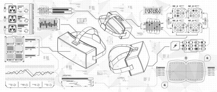 虚拟现实眼镜的 Hud ui。未来派用户界面的应用程序和 web。平视显示的信息图表，设置运动设计要素