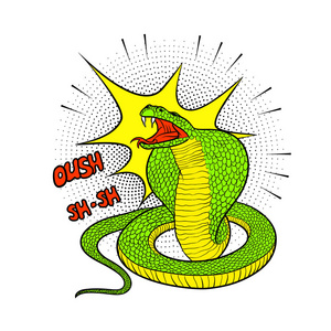 炫彩矢量插图攻击性眼镜蛇的波普艺术风格.亮绿色毒蛇嘶嘶,准备攻击.