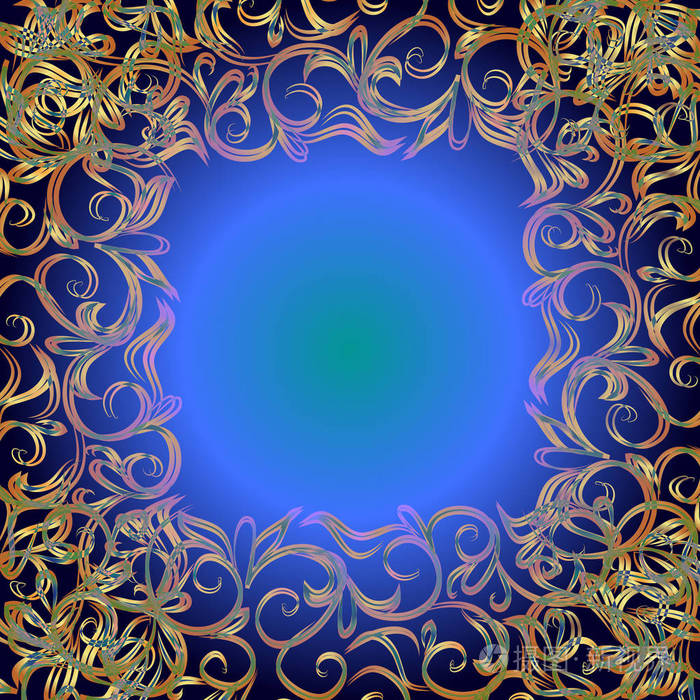 蓝色背景与金色的装饰边框插图
