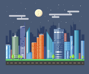 平面样式的城市夜景城市景观的现代设计。矢量图标集
