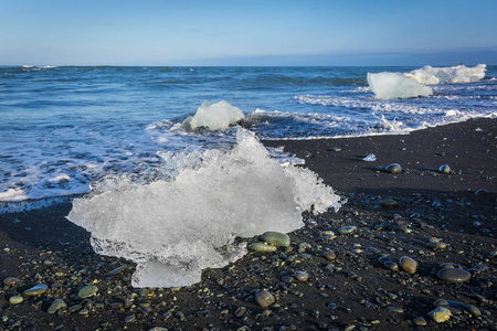 在 jokulsarlon，冰岛附近的海滩在黑沙滩上的小冰块