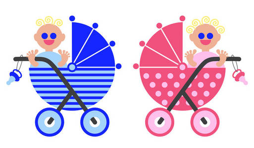 婴儿在婴儿车。一个男孩和一个女孩。新生儿