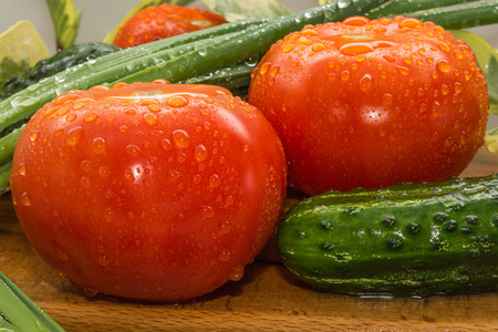 成熟的红番茄，绿绿的黄瓜，洋葱羽毛都覆盖着大滴大滴的水，组成位于上一张小木桌