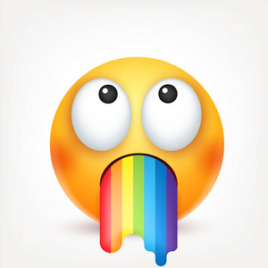 面带笑容,与彩虹的图释.黄色的脸与情感.面部表情.3d 的真实表情.