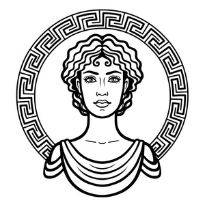 线性的传统发型的年轻希腊女子的画像。装饰圈。孤立在白色背景上的矢量图