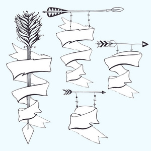 用丝带刻字，标题，手绘民族箭头箭头为 invivtations 嬉皮士和波西米亚风格的仿古装饰元素矢量图