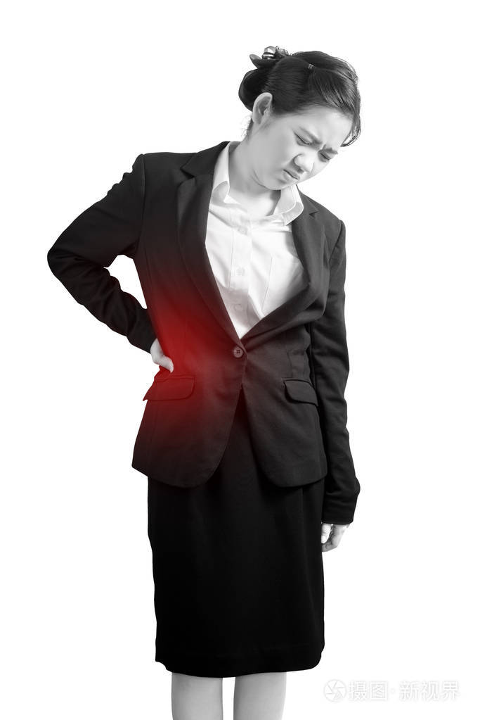 在白色背景上分离出一个女人的背痛或痛腰白色背景上剪切路径