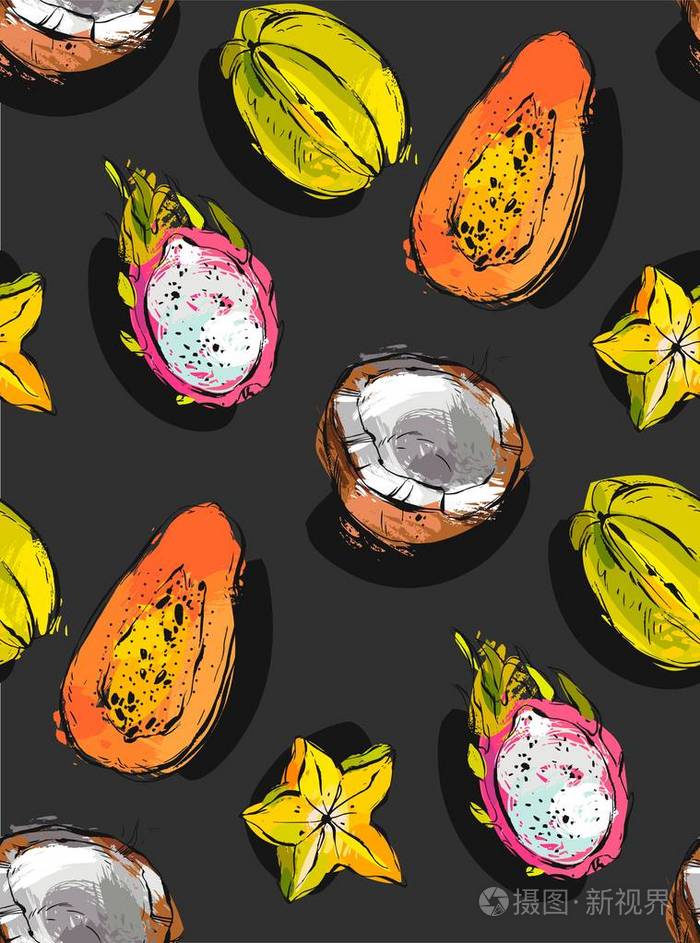 手绘制的矢量抽象写意纹理与奇异的热带水果木瓜火龙果椰子和杨桃孤立