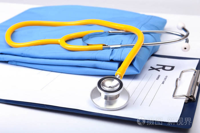 医用听诊器手套rx处方上蓝色医生统一特写医疗工具和仪器商店运用工作