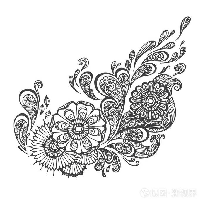 手绘东方花带民族饰品涂鸦图案矢量插图hennamandalazentangle风格为