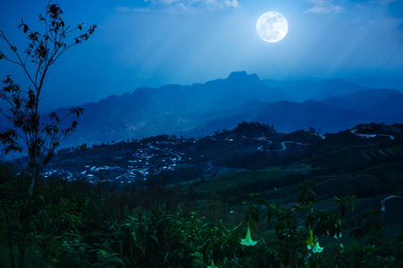 夜晚与多云的天空和阳光，雾荡秋千以上山峰