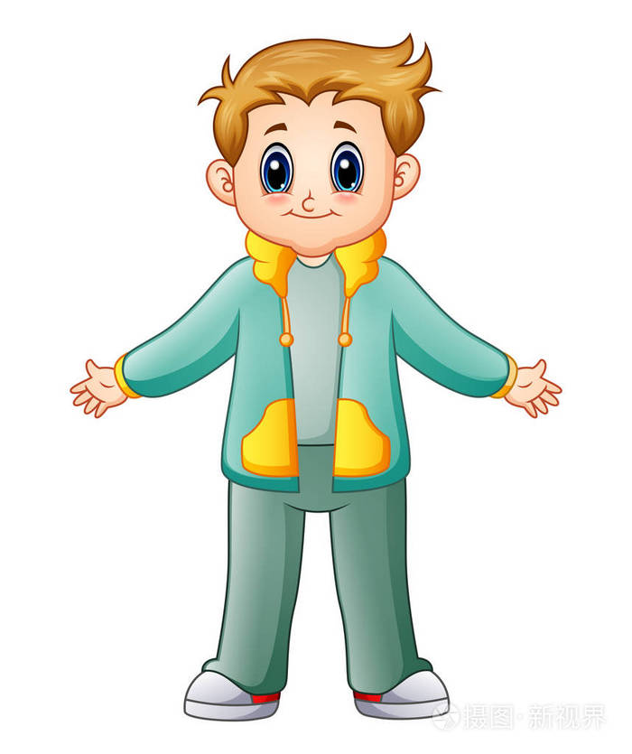 在绿色夹克的可爱男孩卡通