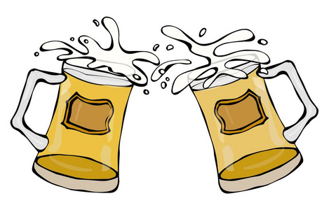 两个啤酒杯与光麦酒或啤酒。碰杯时溅起水花。孤立在白色背景上。现实的涂鸦卡通风格手绘素描矢量图