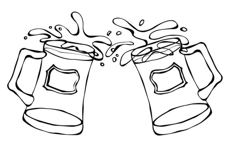两个啤酒杯。碰杯时溅起水花。孤立在白色背景上。现实的涂鸦卡通风格手绘素描矢量图