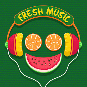 橙片和西瓜切片作为在耳机的微笑.可爱的彩色卡通矢量图标照片